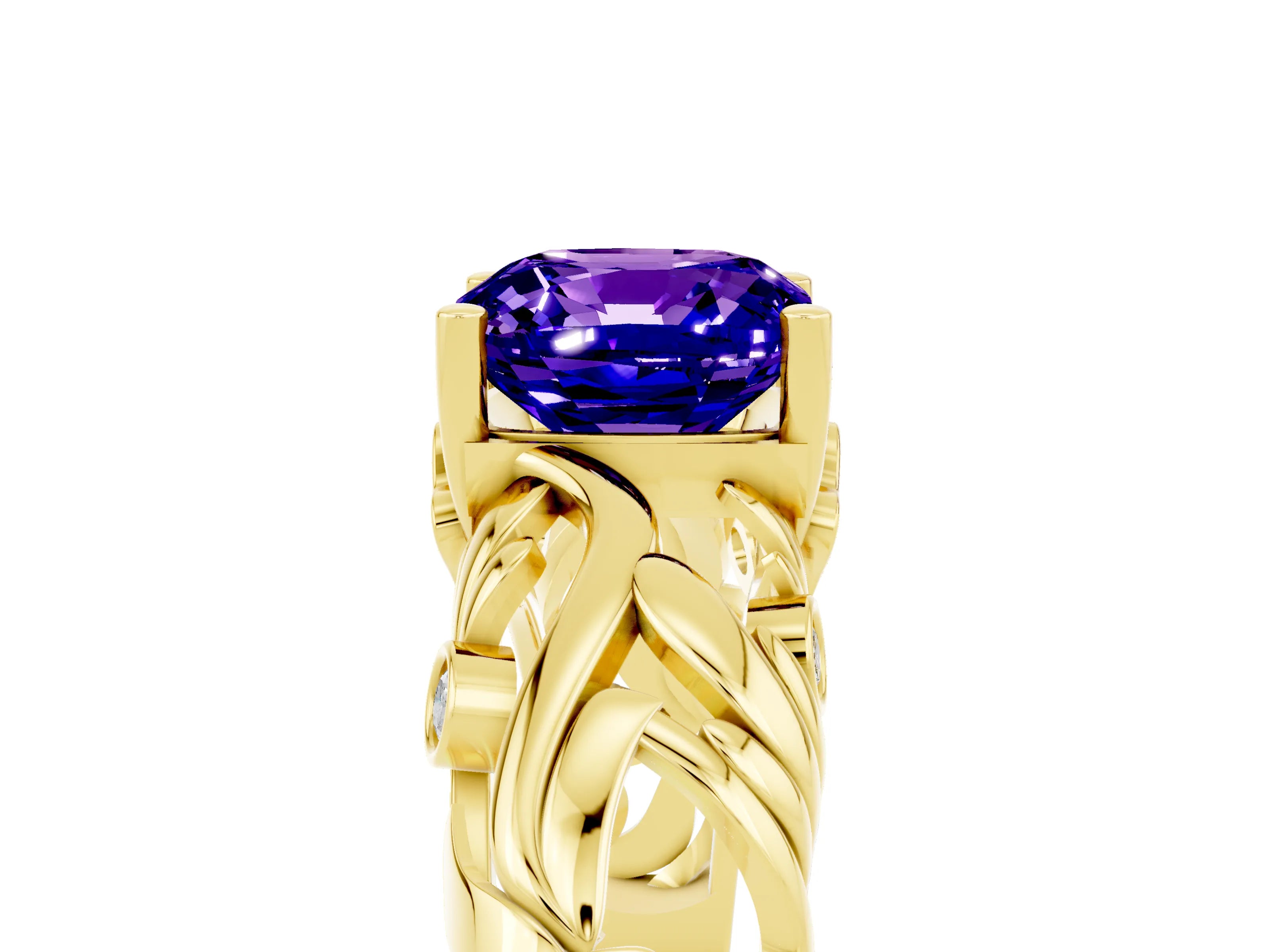 Yellow gold Cushion Cut Solitaire Tanzanite Leaf-Inspired Vine Band Ring with Prong Setting_5