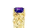 Yellow gold Cushion Cut Solitaire Tanzanite Leaf-Inspired Vine Band Ring with Prong Setting_5