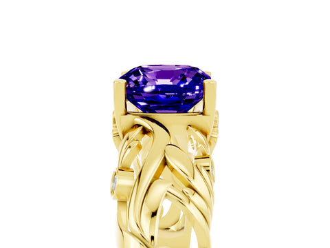 Yellow gold Cushion Cut Solitaire Tanzanite Leaf-Inspired Vine Band Ring with Prong Setting_5