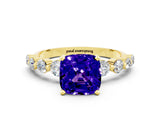 Yellow gold Cushion Cut Solitaire Tanzanite Ring with Pave Band and Four-Prong Setting