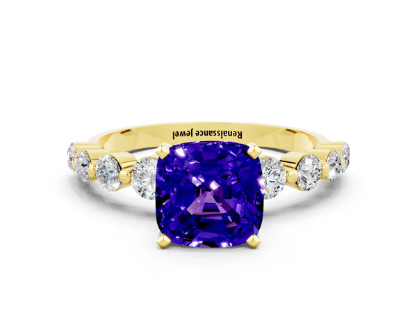Yellow gold Cushion Cut Solitaire Tanzanite Ring with Pave Band and Four-Prong Setting