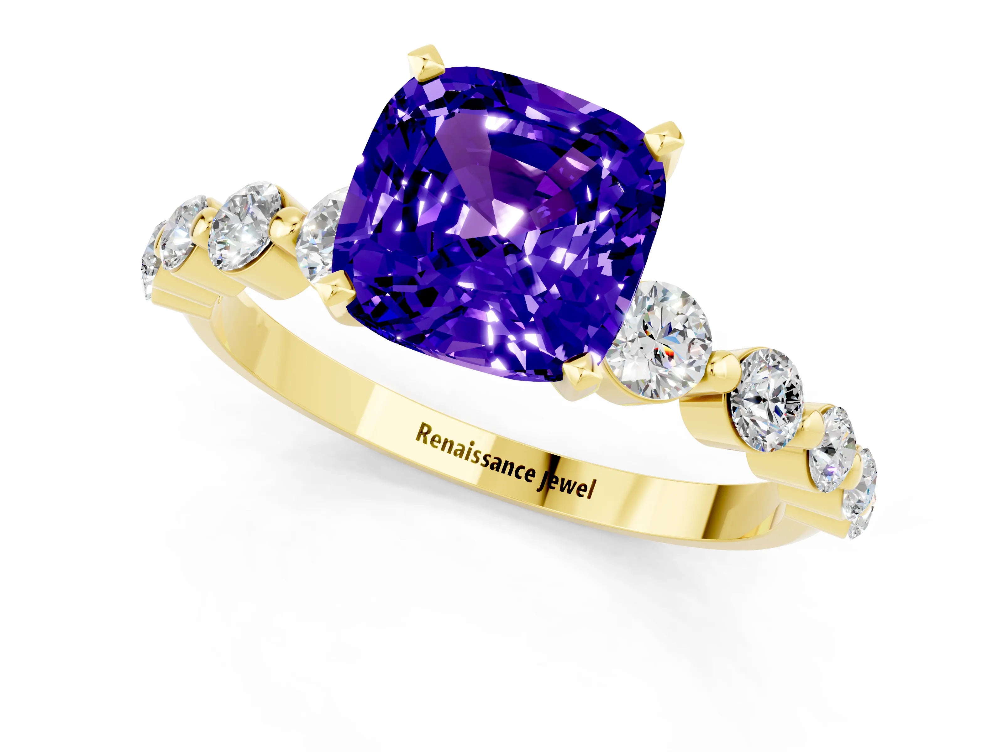 Yellow gold Cushion Cut Solitaire Tanzanite Ring with Pave Band and Four-Prong Setting_1