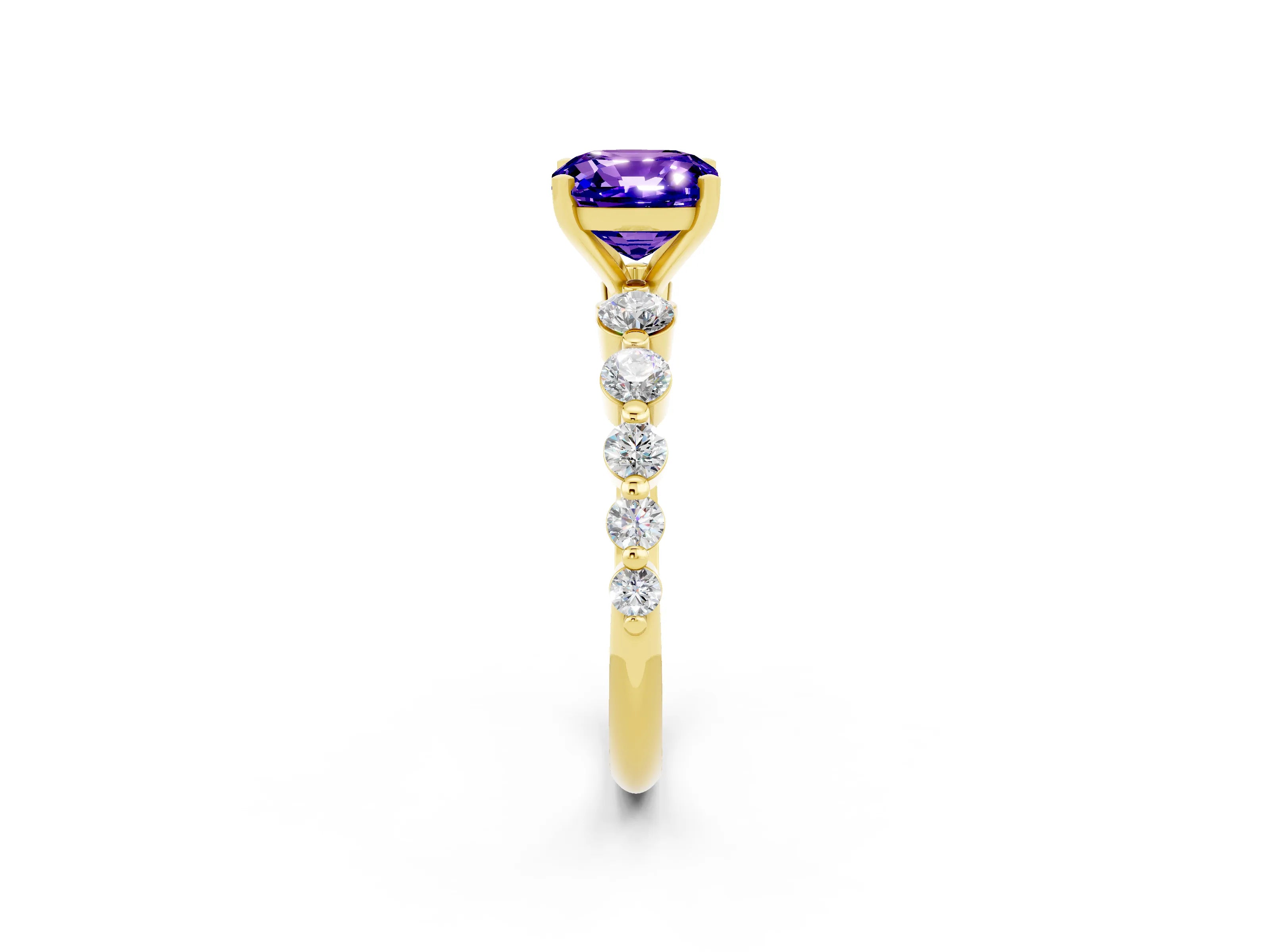 Yellow gold Cushion Cut Solitaire Tanzanite Ring with Pave Band and Four-Prong Setting_2