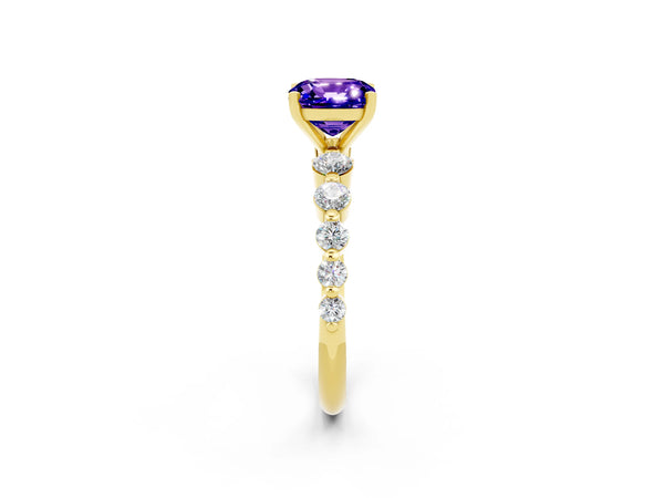 Yellow gold Cushion Cut Solitaire Tanzanite Ring with Pave Band and Four-Prong Setting