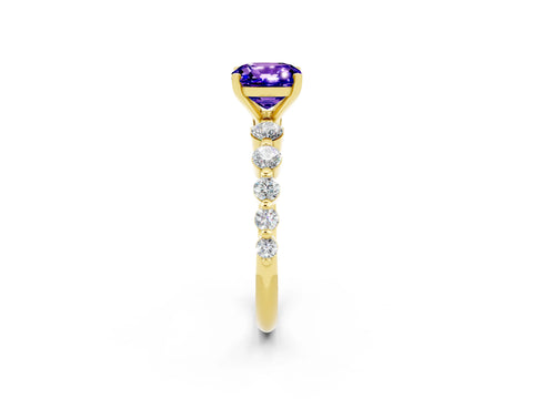 Yellow gold Cushion Cut Solitaire Tanzanite Ring with Pave Band and Four-Prong Setting_2