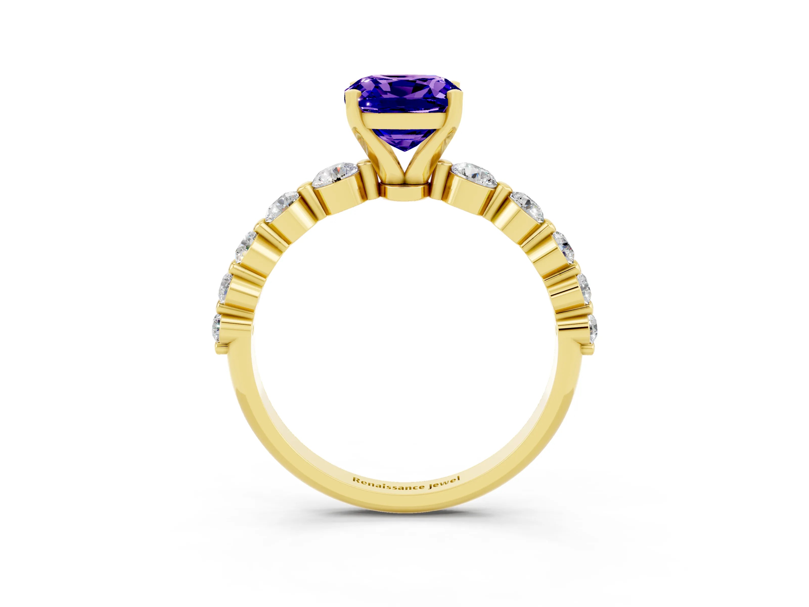 Yellow gold Cushion Cut Solitaire Tanzanite Ring with Pave Band and Four-Prong Setting_3