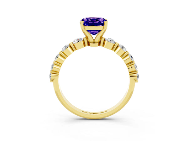 Yellow gold Cushion Cut Solitaire Tanzanite Ring with Pave Band and Four-Prong Setting