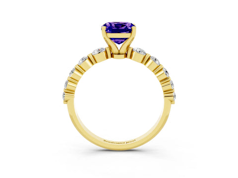 Yellow gold Cushion Cut Solitaire Tanzanite Ring with Pave Band and Four-Prong Setting_3
