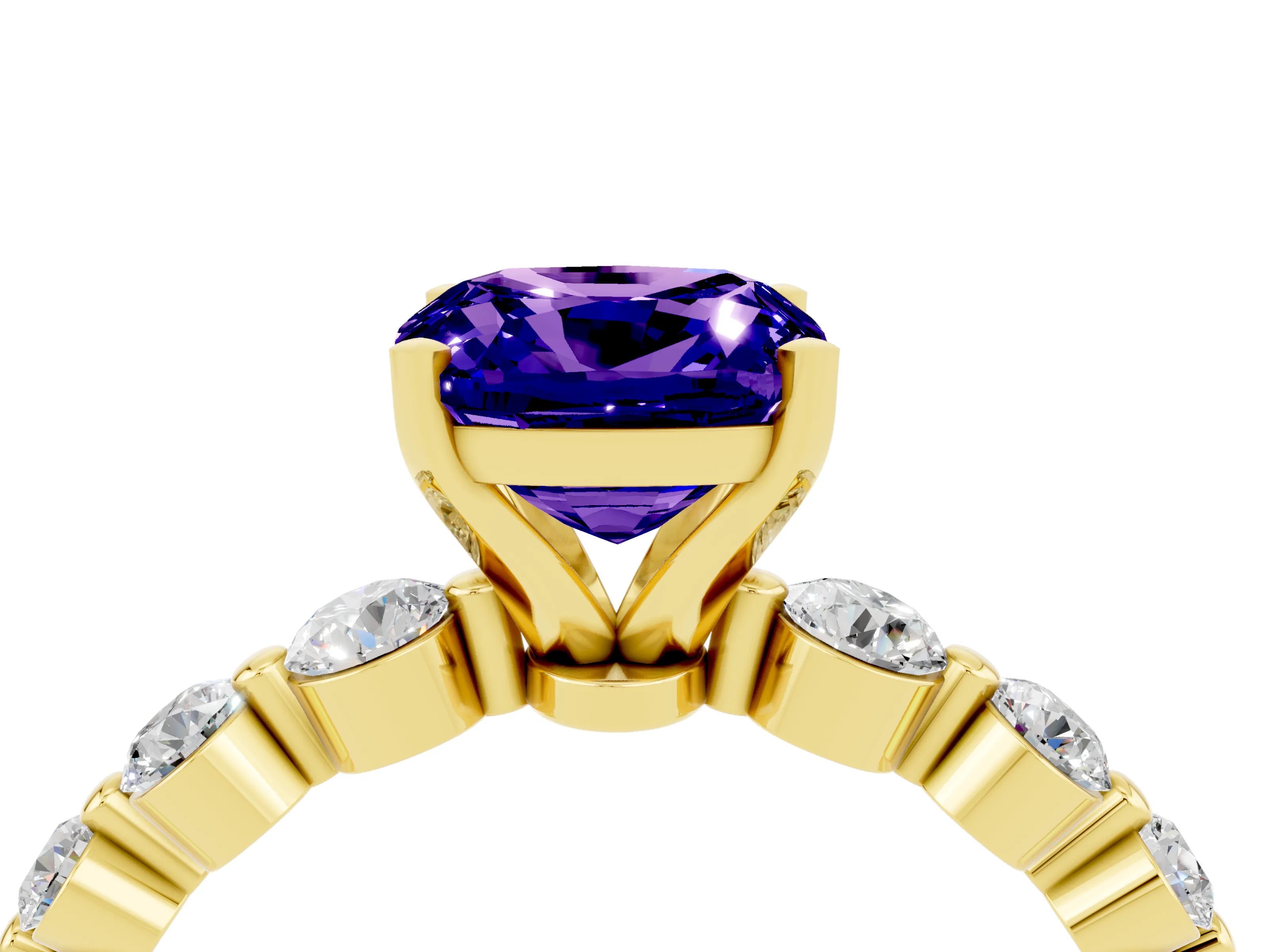 Yellow gold Cushion Cut Solitaire Tanzanite Ring with Pave Band and Four-Prong Setting_4