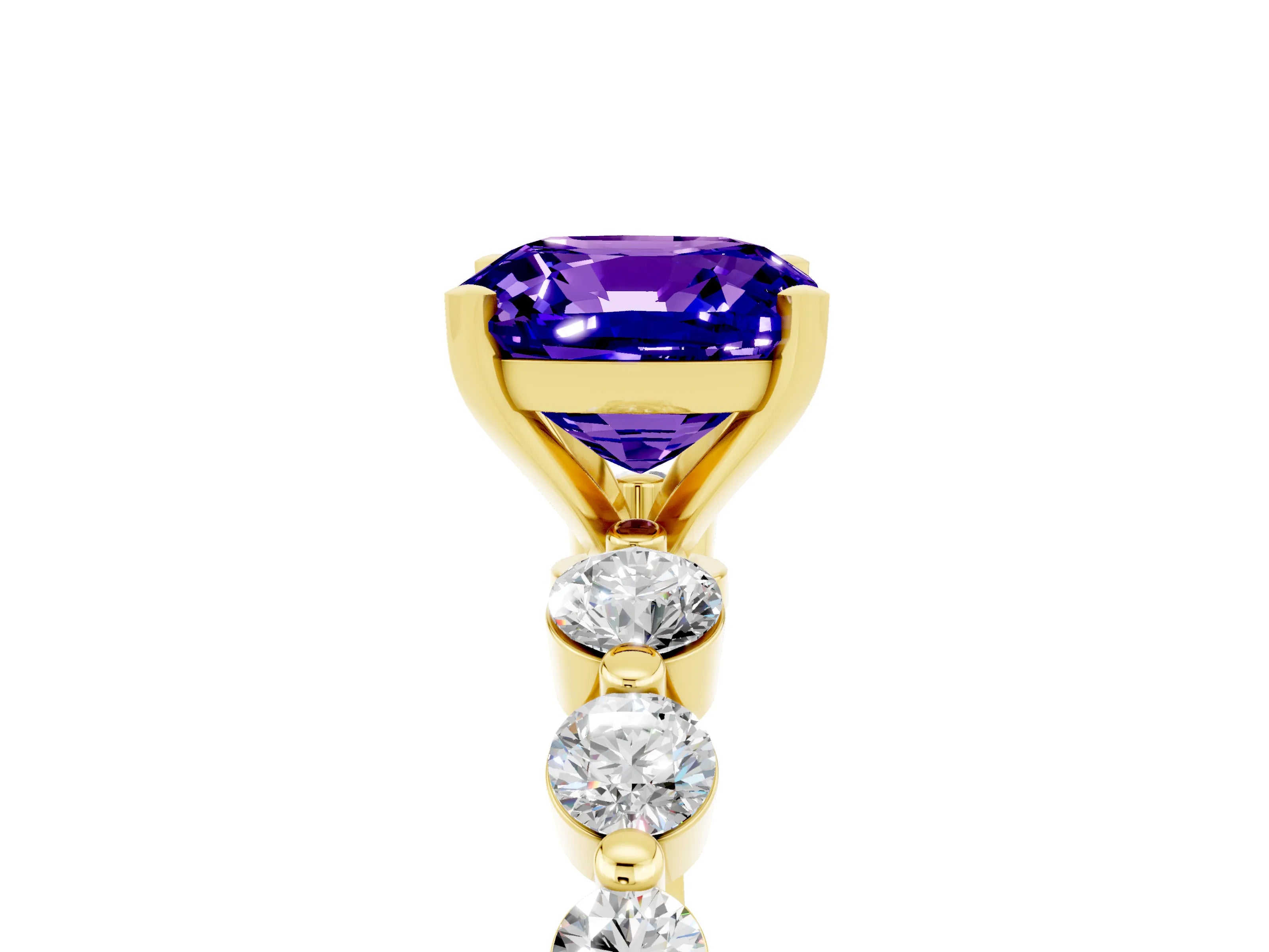 Yellow gold Cushion Cut Solitaire Tanzanite Ring with Pave Band and Four-Prong Setting_5