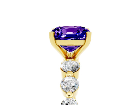 Yellow gold Cushion Cut Solitaire Tanzanite Ring with Pave Band and Four-Prong Setting_5