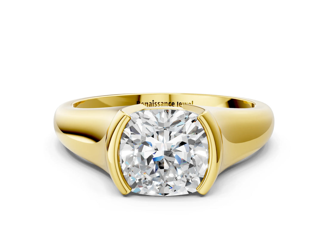 Yellow gold Cushion Cut Solitaire Tension Set Diamond Ring with Split Shank Band_15