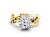 Yellow gold Cushion Cut Solitaire Twist Engagement Ring with Leaf Accents and Prong Setting_15