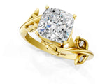 Yellow gold Cushion Cut Solitaire Twist Engagement Ring with Leaf Accents and Prong Setting_16