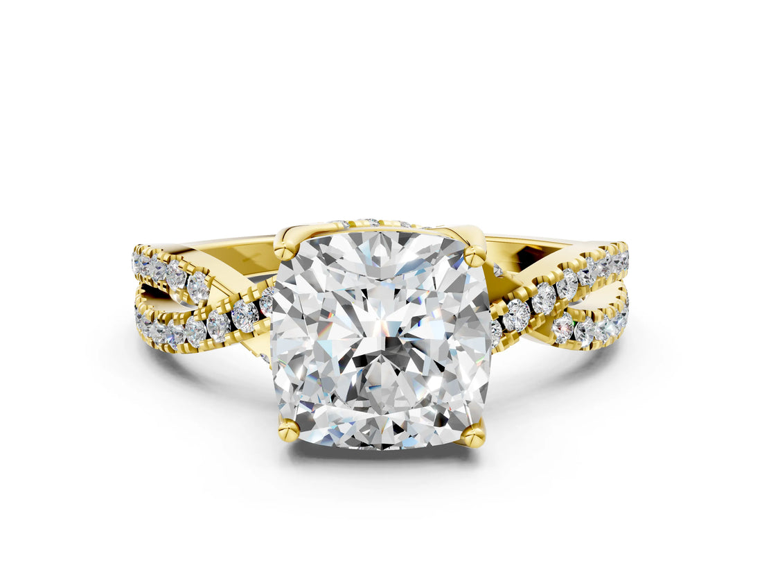 Yellow gold Cushion Cut Solitaire Twist Pave Diamond Engagement Ring with Prong Setting_15