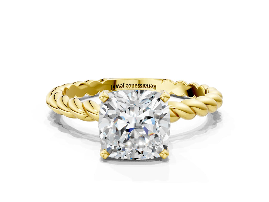 Yellow gold Cushion Cut Solitaire Twisted Band with Four-Prong Setting