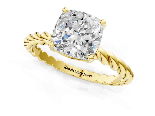 Yellow gold Cushion Cut Solitaire Twisted Band with Four-Prong Setting