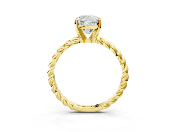 Yellow gold Cushion Cut Solitaire Twisted Band with Four-Prong Setting