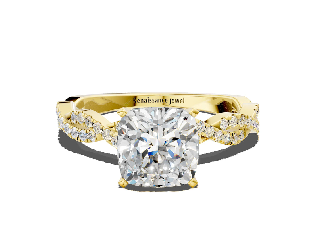 Yellow gold Cushion Cut Solitaire Twisted Pave Band with Four-Prong Setting_4