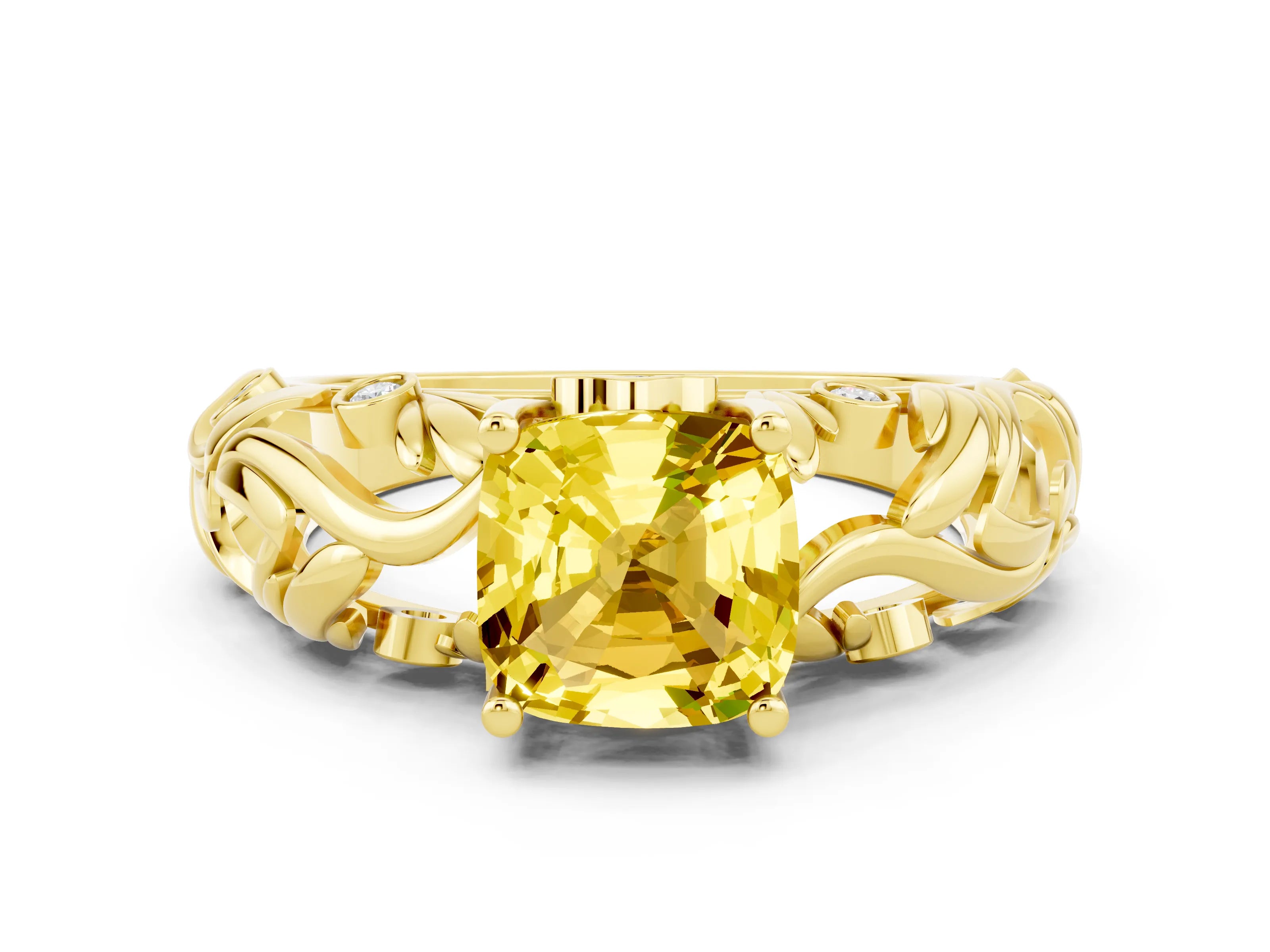 Yellow gold Cushion Cut Solitaire Yellow Sapphire Leaf-Inspired Vine Band Ring with Prong Setting_24