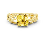 Yellow gold Cushion Cut Solitaire Yellow Sapphire Leaf-Inspired Vine Band Ring with Prong Setting_24