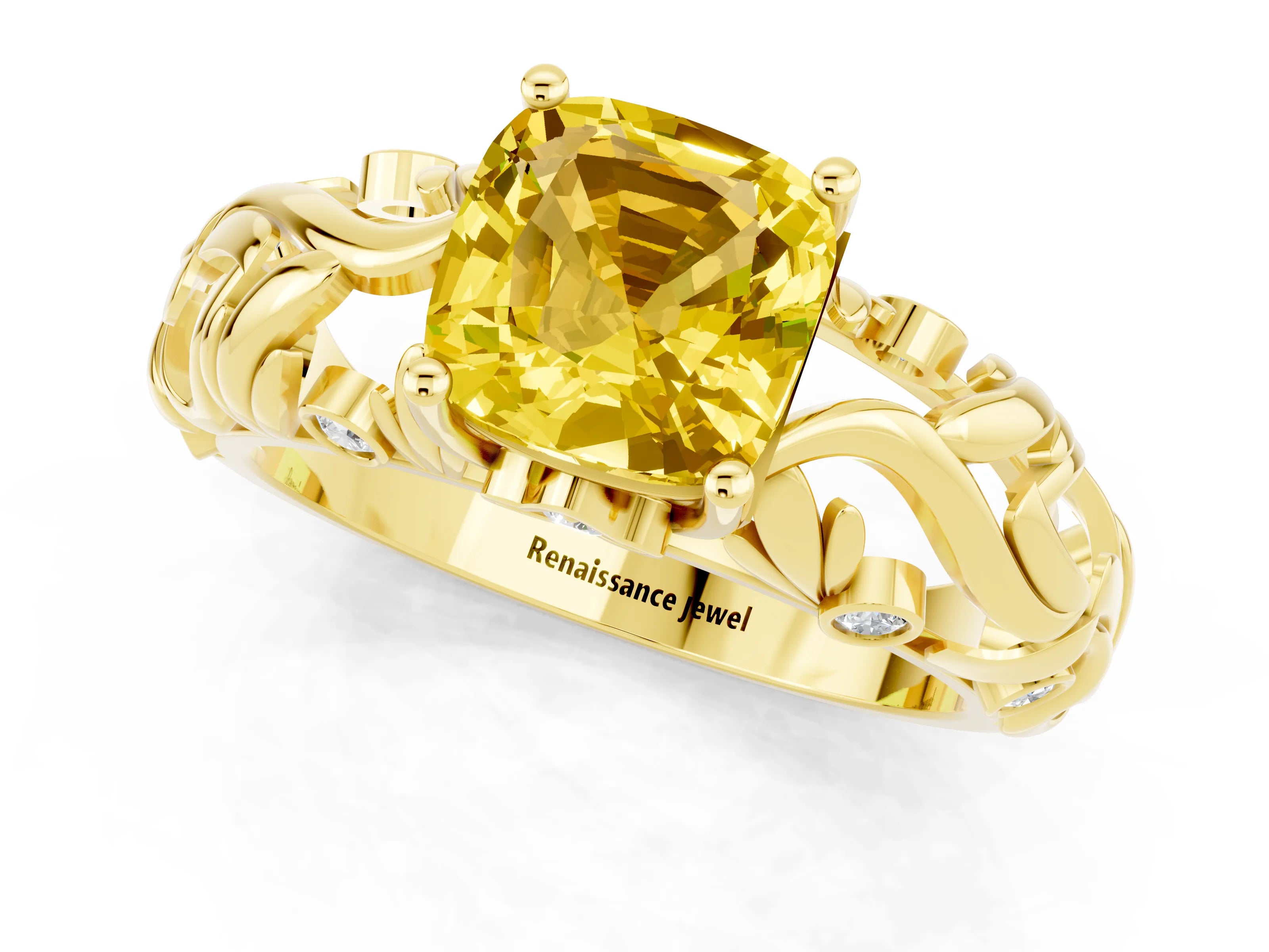 Yellow gold Cushion Cut Solitaire Yellow Sapphire Leaf-Inspired Vine Band Ring with Prong Setting_25