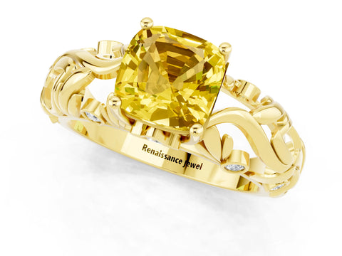 Yellow gold Cushion Cut Solitaire Yellow Sapphire Leaf-Inspired Vine Band Ring with Prong Setting_25