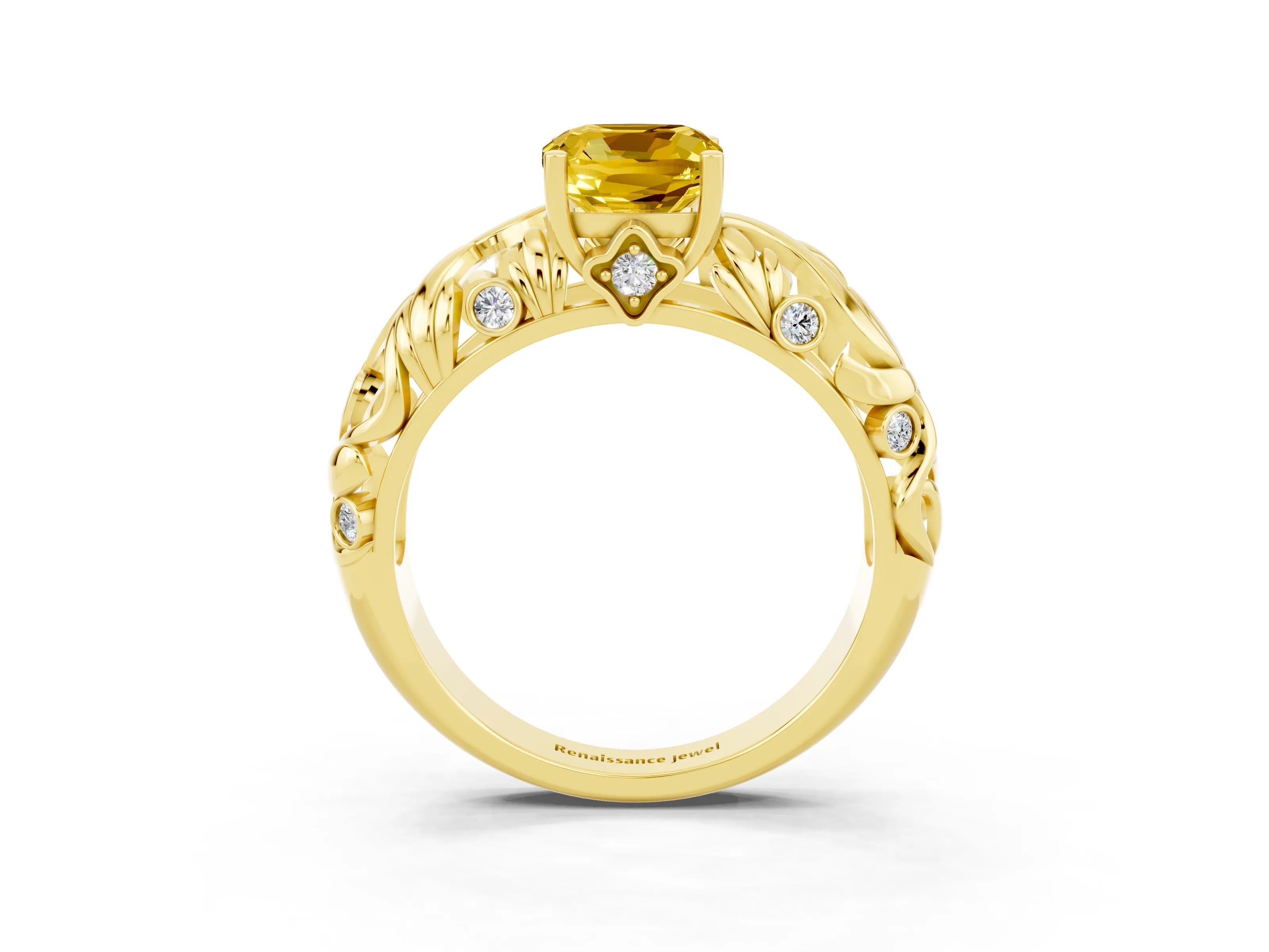 Yellow gold Cushion Cut Solitaire Yellow Sapphire Leaf-Inspired Vine Band Ring with Prong Setting_27