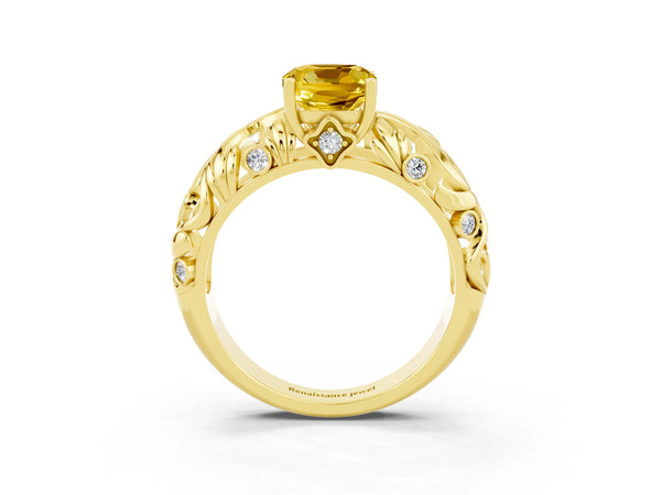 Yellow gold Cushion Cut Solitaire Yellow Sapphire Leaf-Inspired Vine Band Ring with Prong Setting