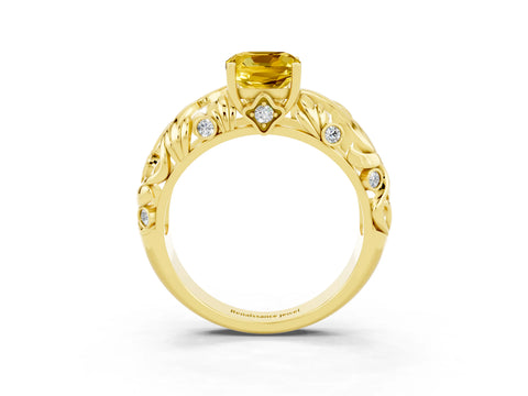 Yellow gold Cushion Cut Solitaire Yellow Sapphire Leaf-Inspired Vine Band Ring with Prong Setting_27
