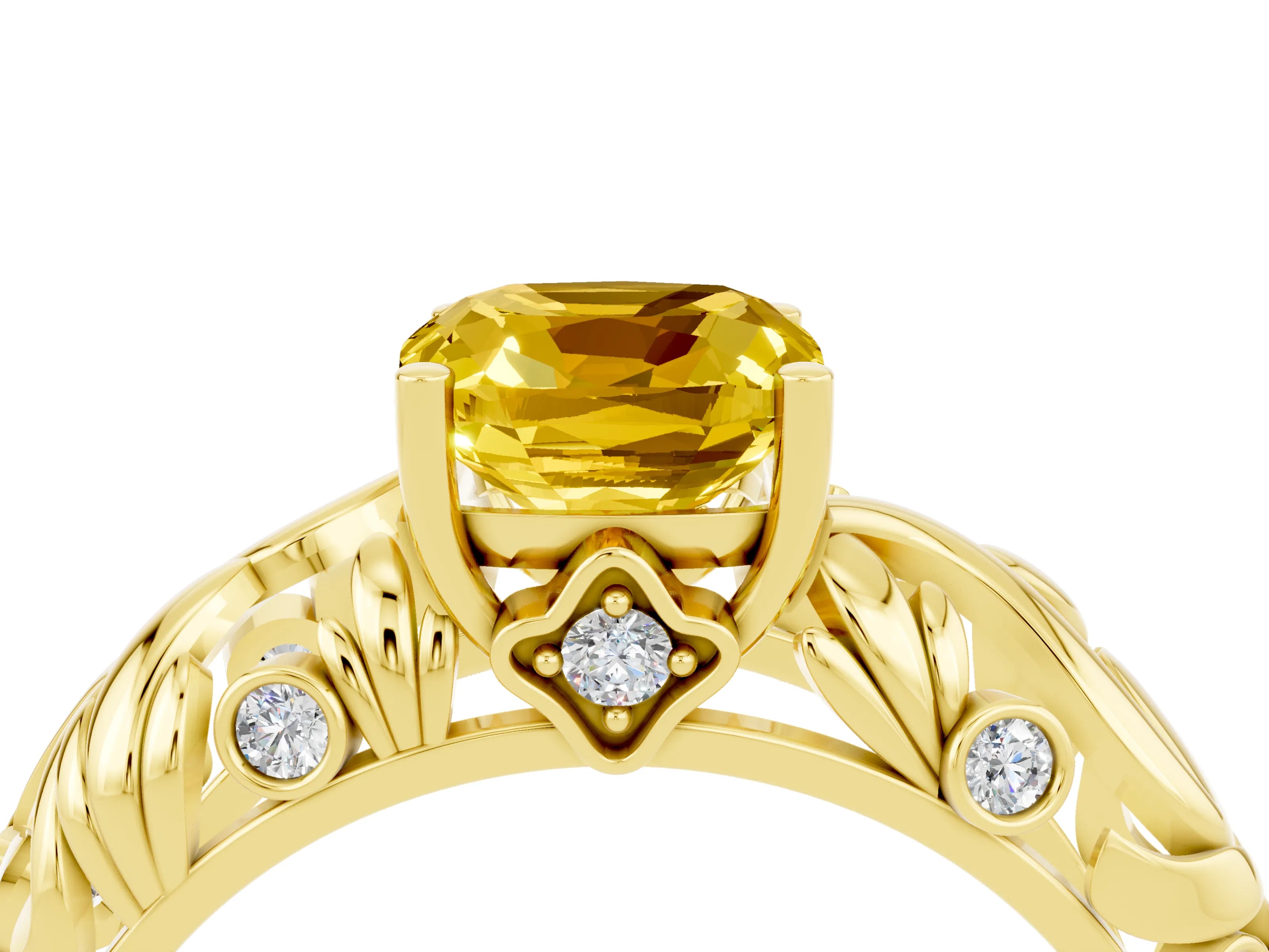 Yellow gold Cushion Cut Solitaire Yellow Sapphire Leaf-Inspired Vine Band Ring with Prong Setting_28