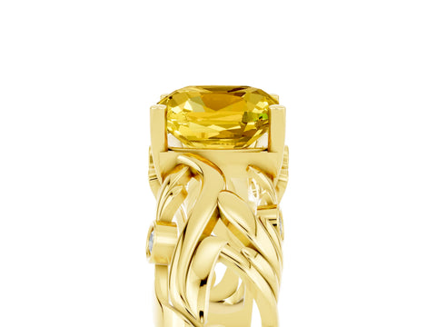 Yellow gold Cushion Cut Solitaire Yellow Sapphire Leaf-Inspired Vine Band Ring with Prong Setting_29