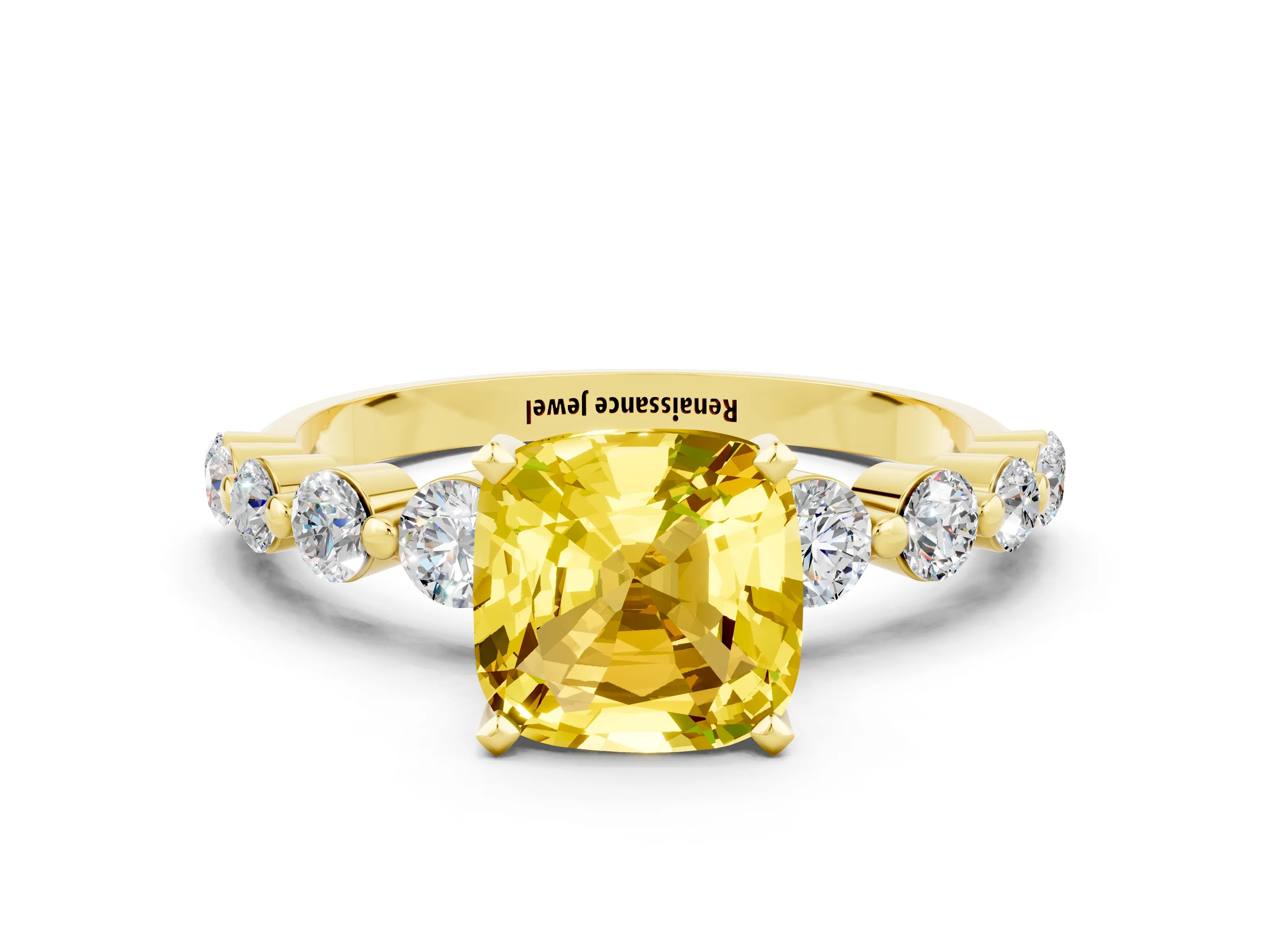 Yellow gold Cushion Cut Solitaire Yellow Sapphire Ring with Pave Band and Four-Prong Setting_24