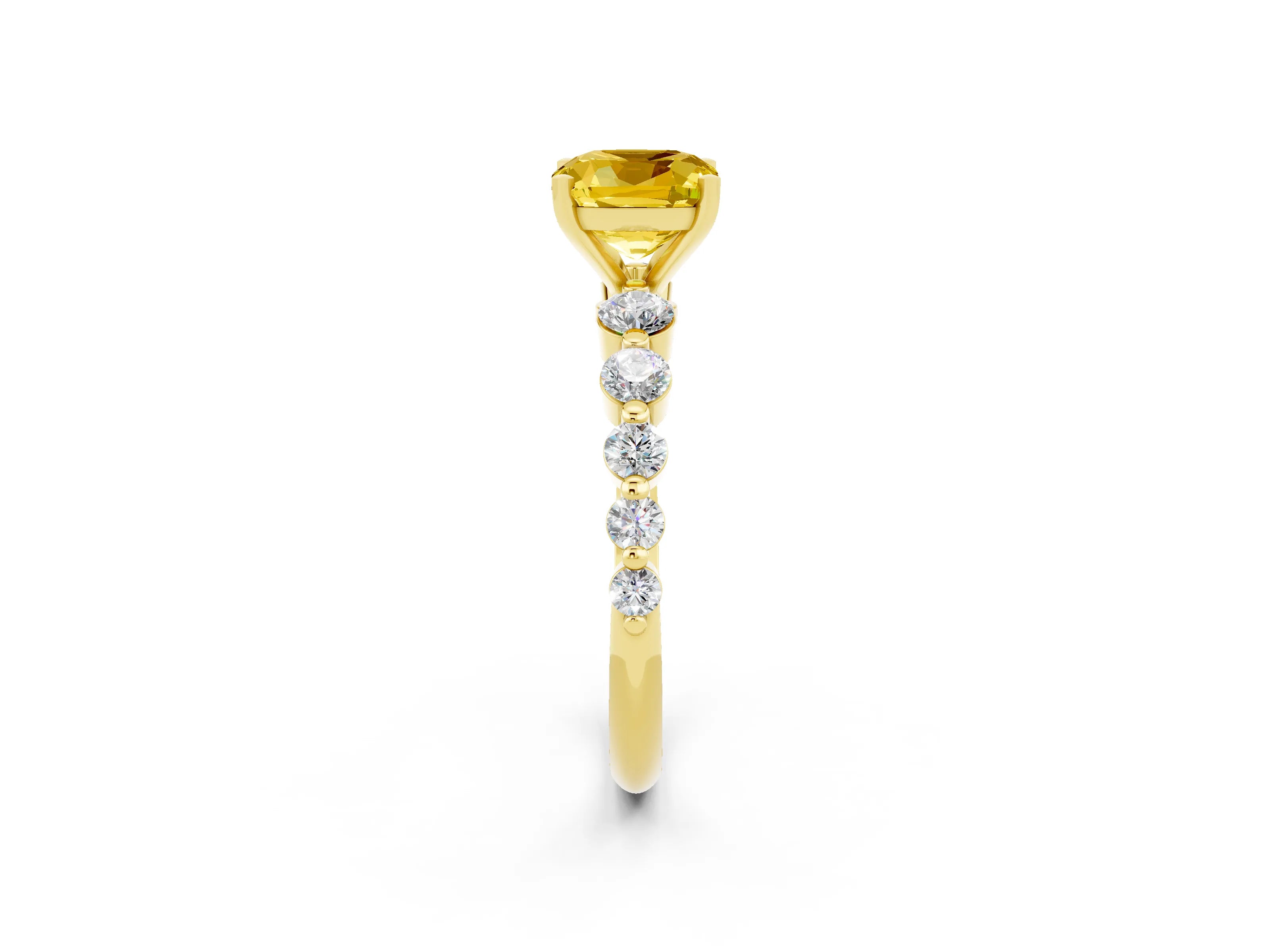 Yellow gold Cushion Cut Solitaire Yellow Sapphire Ring with Pave Band and Four-Prong Setting_26