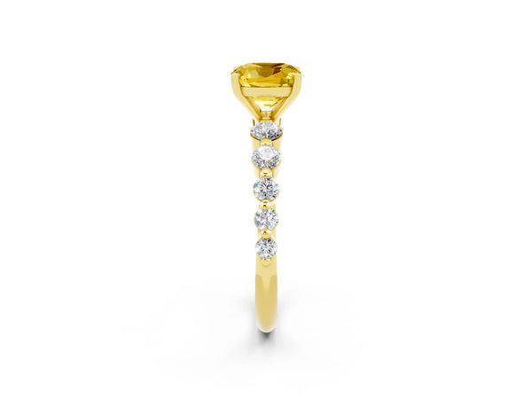 Yellow gold Cushion Cut Solitaire Yellow Sapphire Ring with Pave Band and Four-Prong Setting