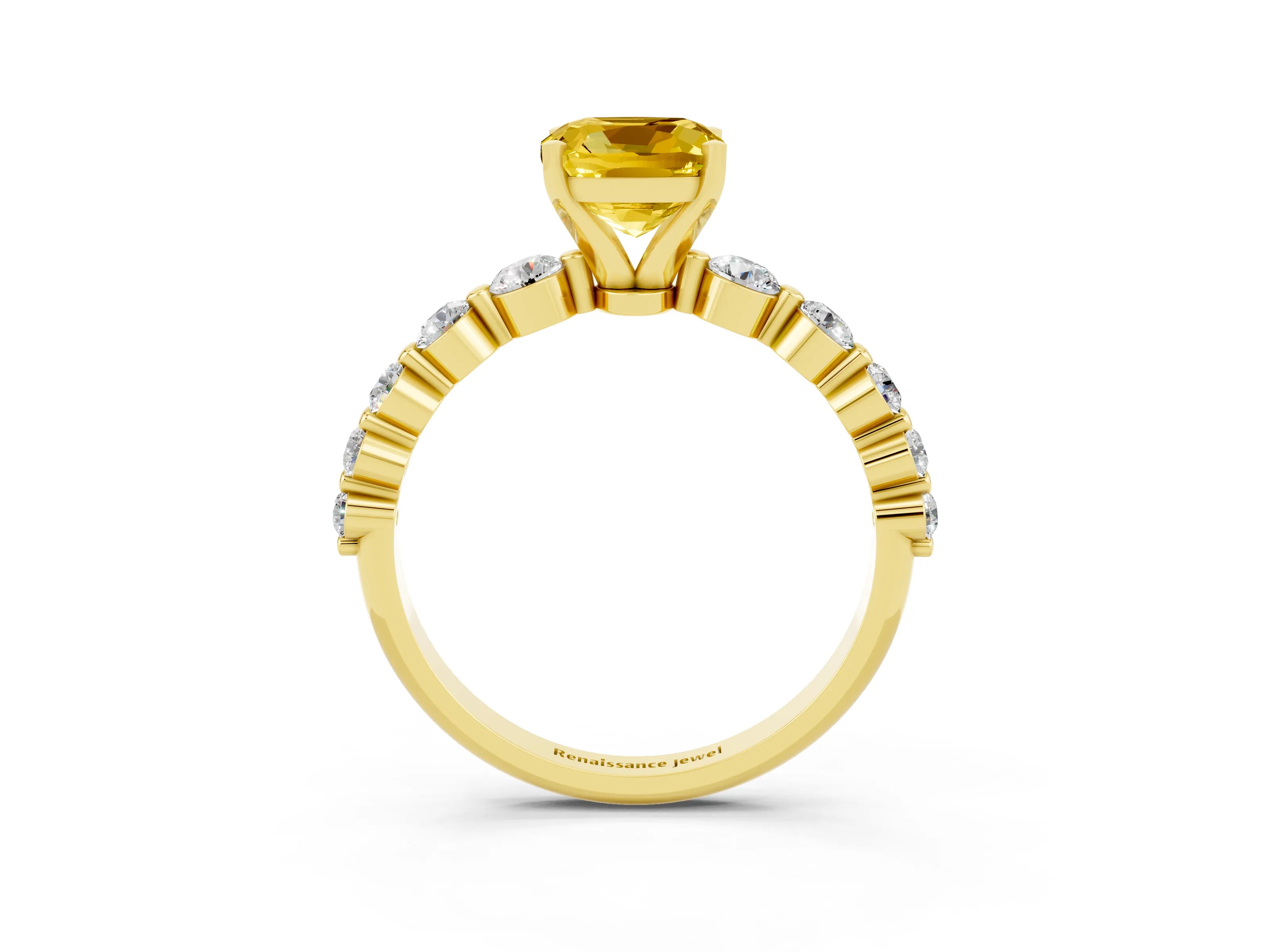 Yellow gold Cushion Cut Solitaire Yellow Sapphire Ring with Pave Band and Four-Prong Setting_27