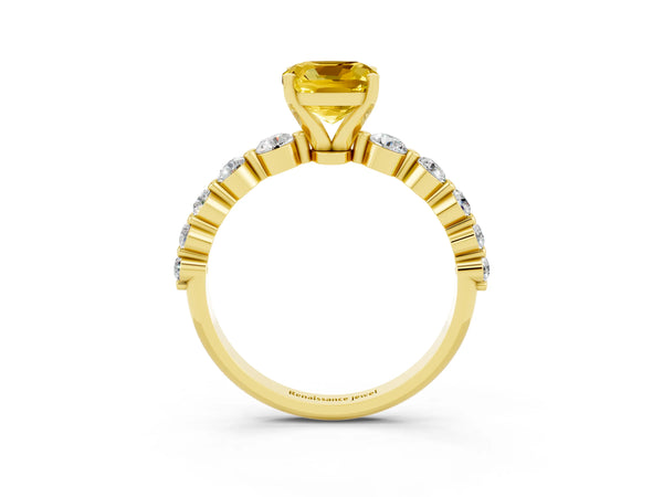 Yellow gold Cushion Cut Solitaire Yellow Sapphire Ring with Pave Band and Four-Prong Setting
