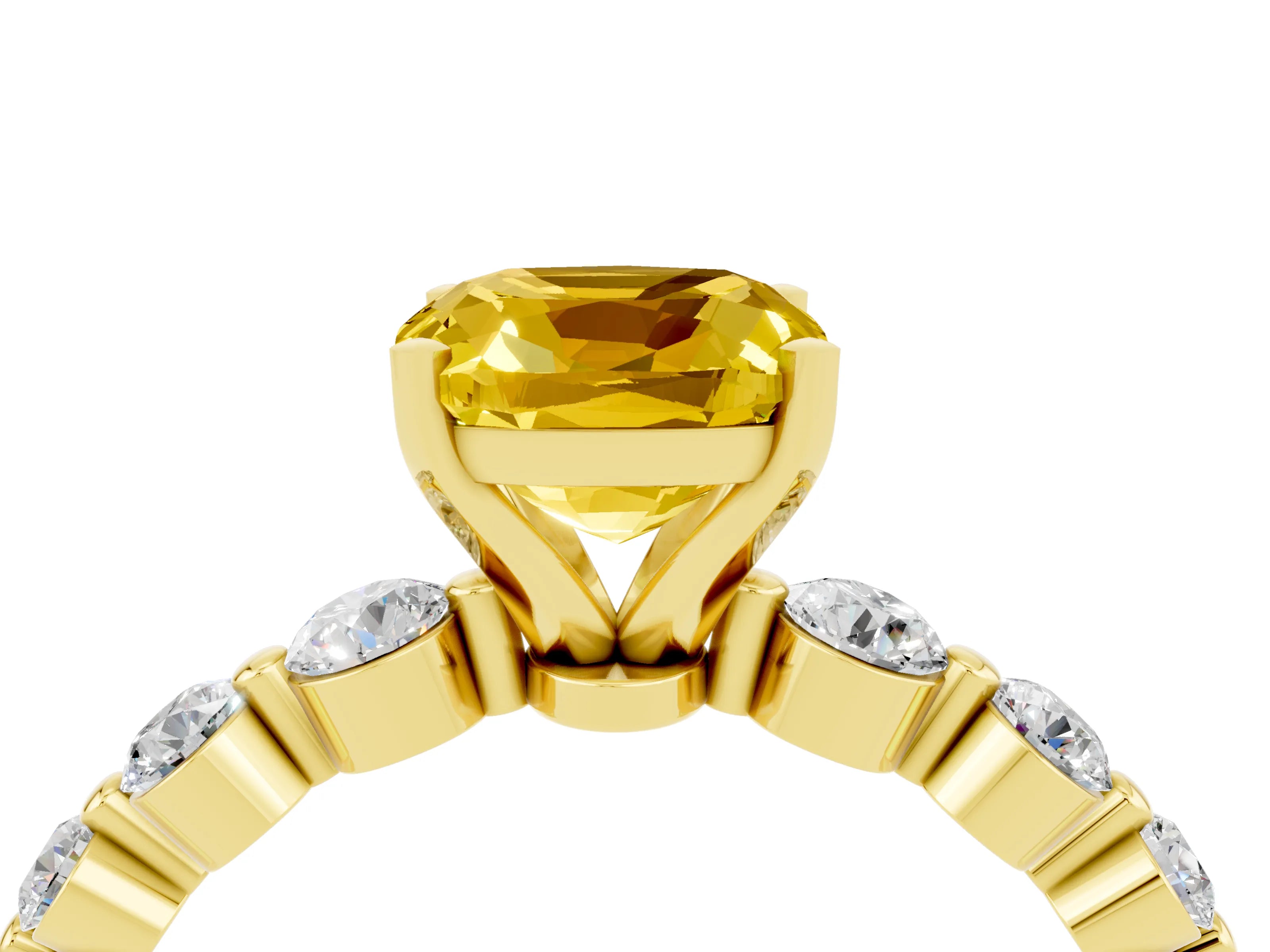 Yellow gold Cushion Cut Solitaire Yellow Sapphire Ring with Pave Band and Four-Prong Setting_28