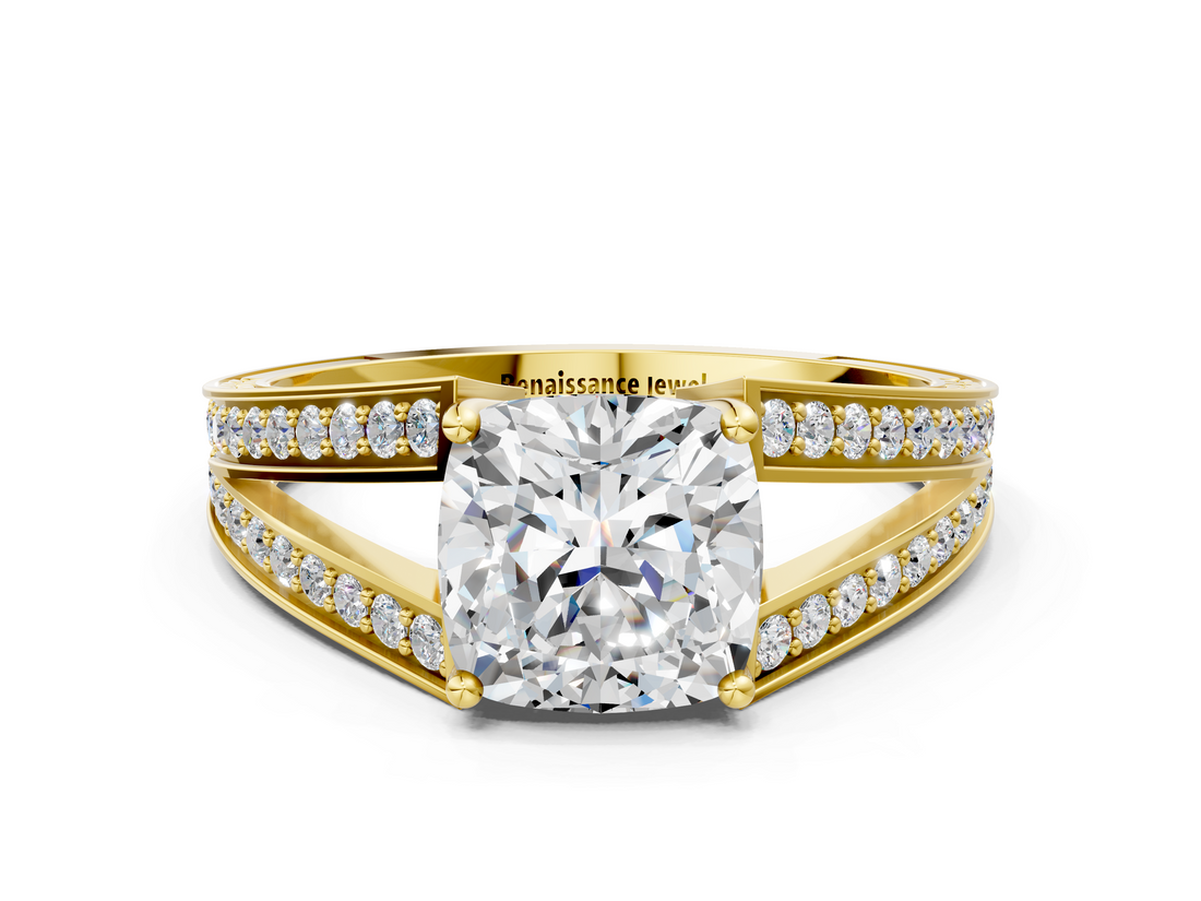 Yellow gold Cushion Cut Split Shank Pave Diamond Ring with Four-Prong Setting_32