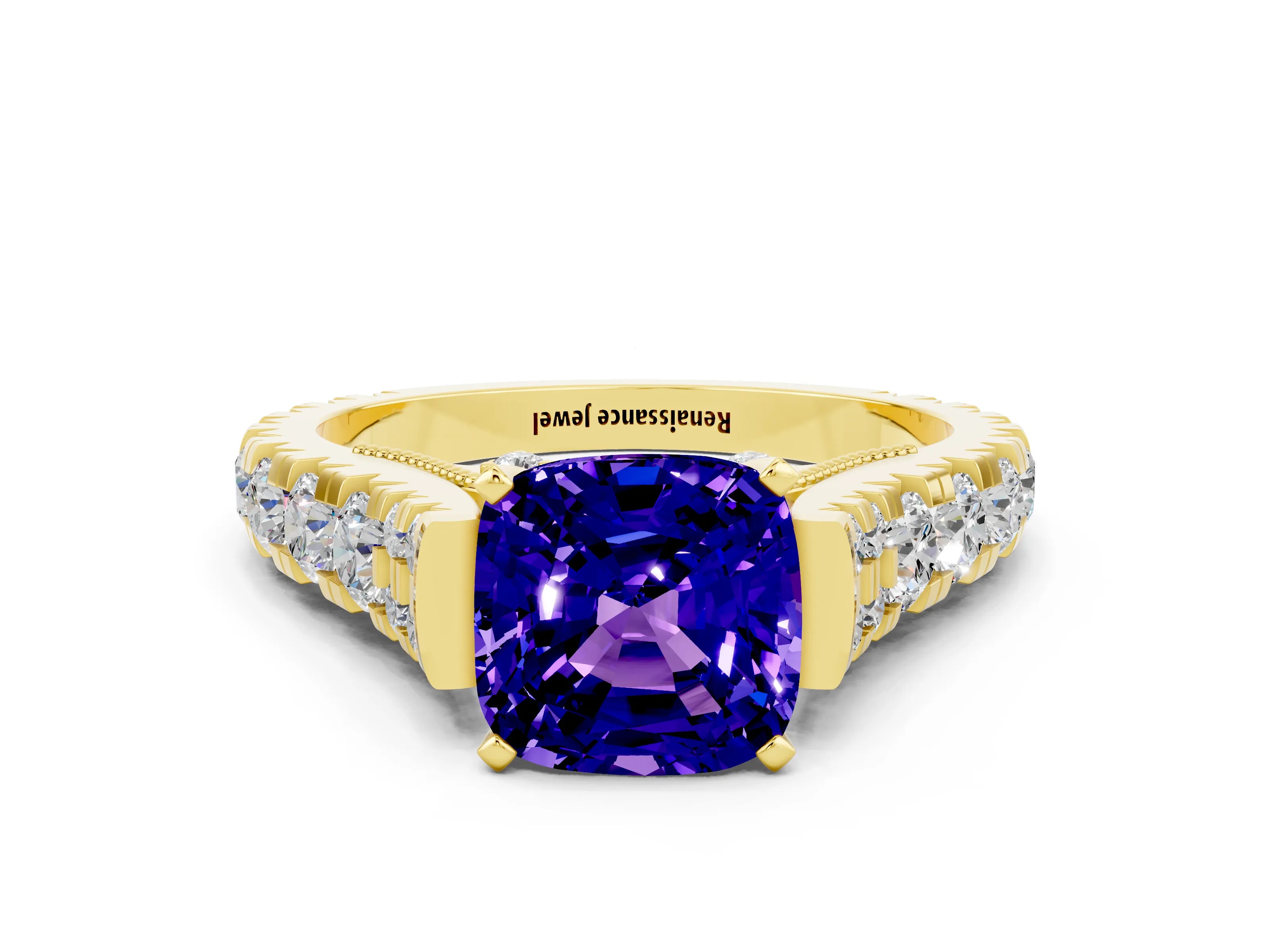 Yellow gold Cushion Cut Tanzanite Classic Solitaire Ring with Pavé Band and Four-Prong Setting