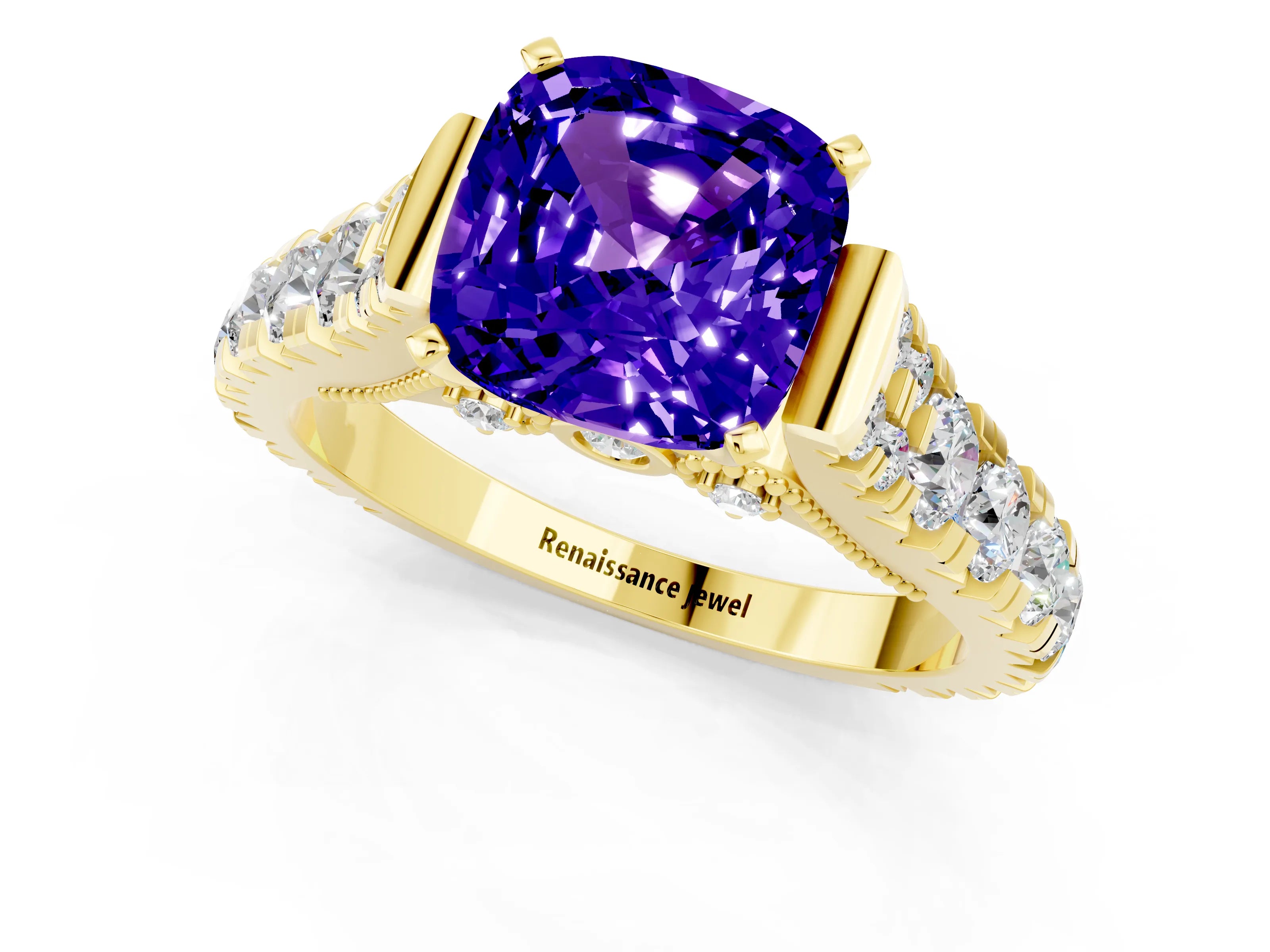 Yellow gold Cushion Cut Tanzanite Classic Solitaire Ring with Pavé Band and Four-Prong Setting_1