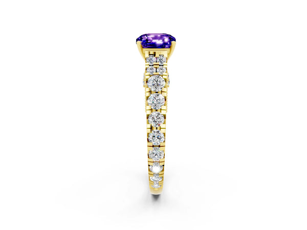 Yellow gold Cushion Cut Tanzanite Classic Solitaire Ring with Pavé Band and Four-Prong Setting