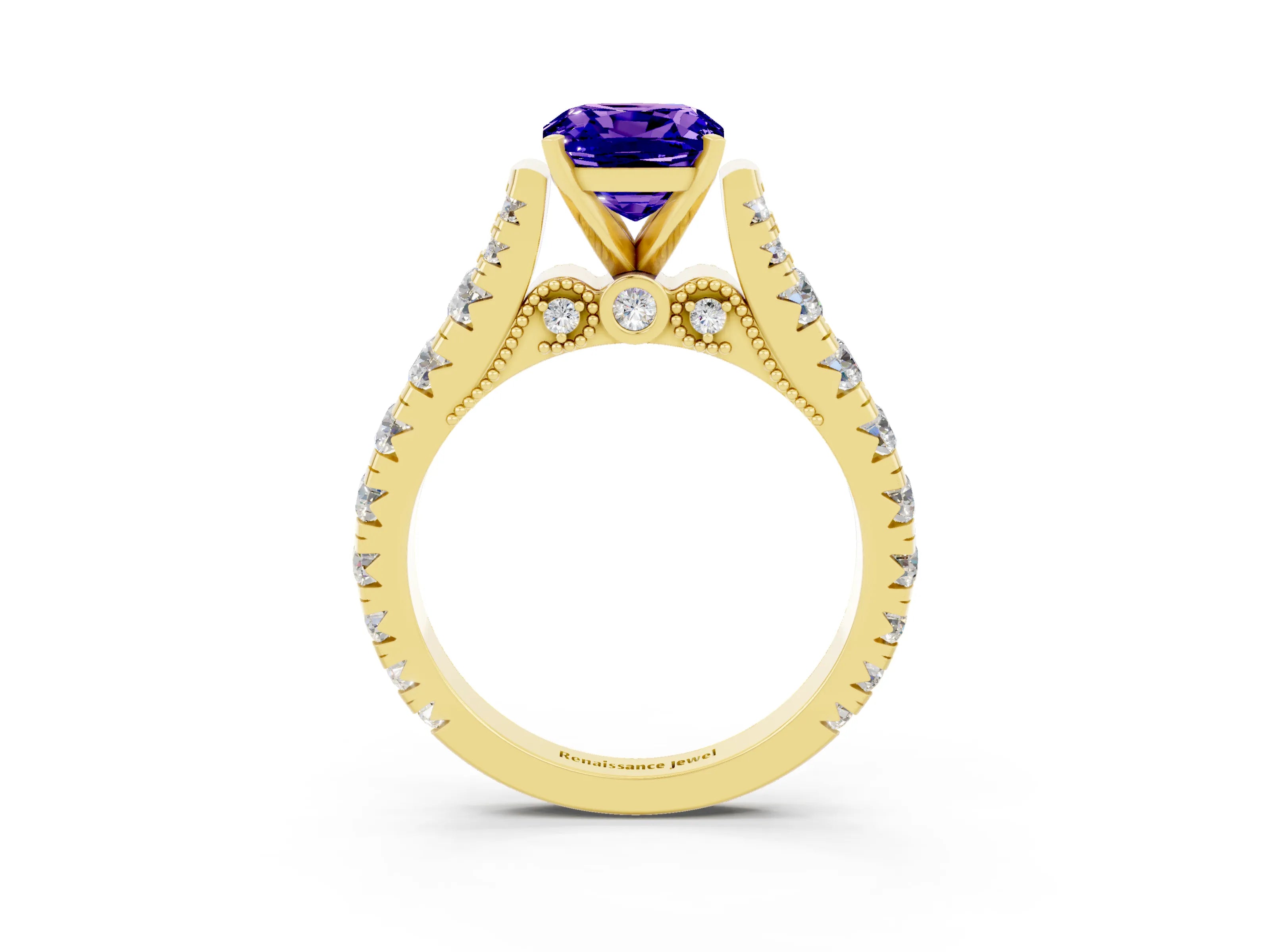 Yellow gold Cushion Cut Tanzanite Classic Solitaire Ring with Pavé Band and Four-Prong Setting_3