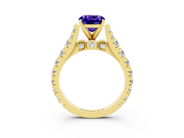 Yellow gold Cushion Cut Tanzanite Classic Solitaire Ring with Pavé Band and Four-Prong Setting