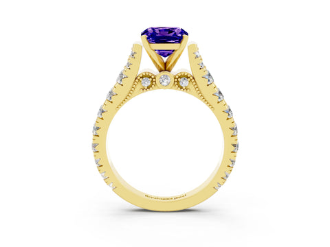 Yellow gold Cushion Cut Tanzanite Classic Solitaire Ring with Pavé Band and Four-Prong Setting_3