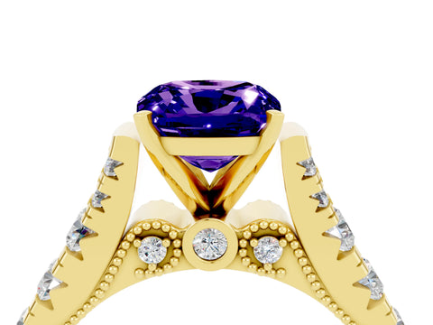 Yellow gold Cushion Cut Tanzanite Classic Solitaire Ring with Pavé Band and Four-Prong Setting_4