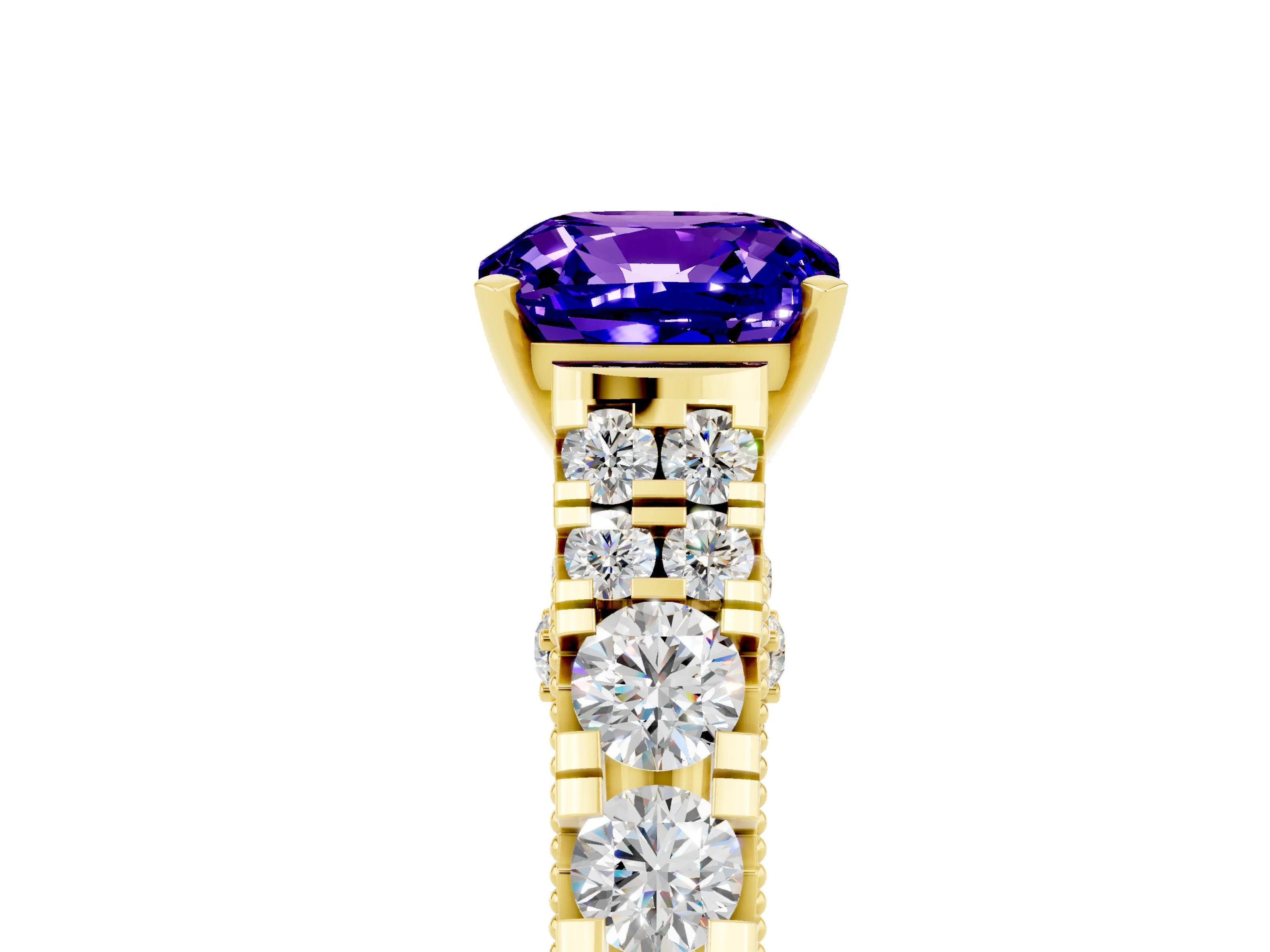 Yellow gold Cushion Cut Tanzanite Classic Solitaire Ring with Pavé Band and Four-Prong Setting_5