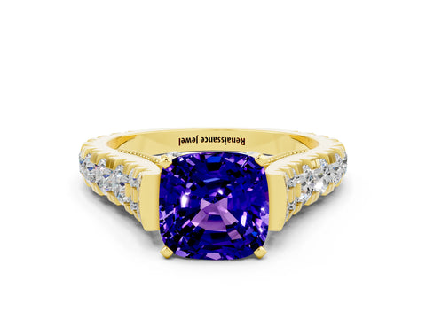 Yellow gold Cushion Cut Tanzanite Classic Solitaire Ring with Pavé Band and Four-Prong Setting