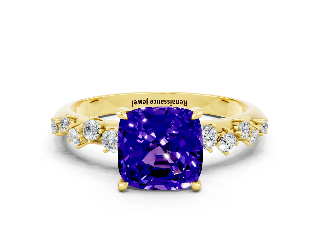 Yellow gold Cushion Cut Tanzanite Cluster Side Stone Solitaire Ring with Prong Setting_24