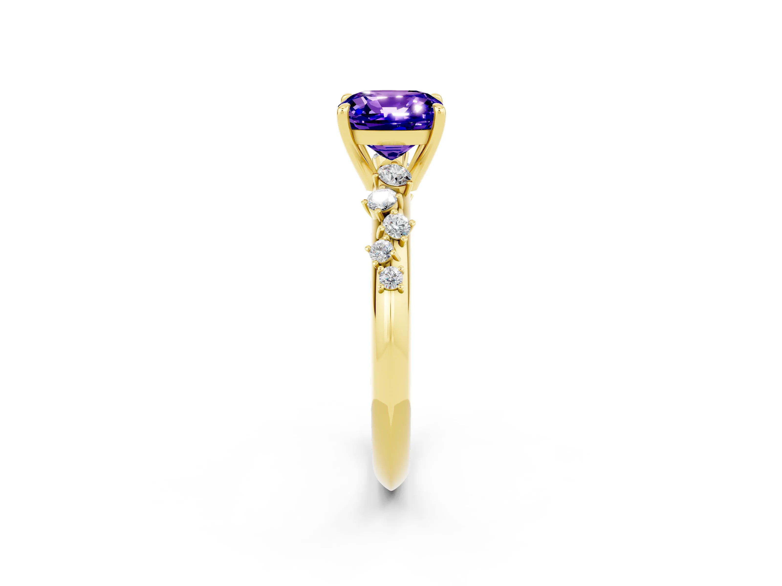 Yellow gold Cushion Cut Tanzanite Cluster Side Stone Solitaire Ring with Prong Setting_26